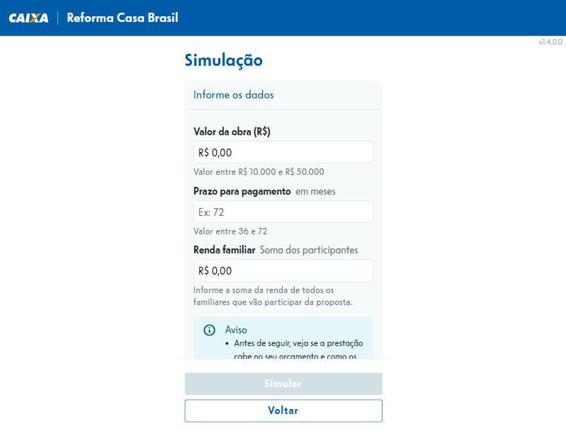 Tela do simulador oficial do Reforma Casa Brasil
